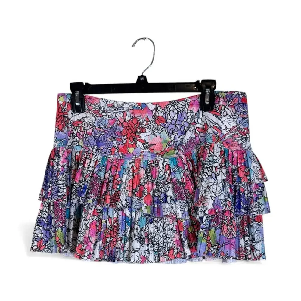 Lucky In Love Floral Tiered Mini Tennis Skort Women’s L Athletic Colorful Skirt